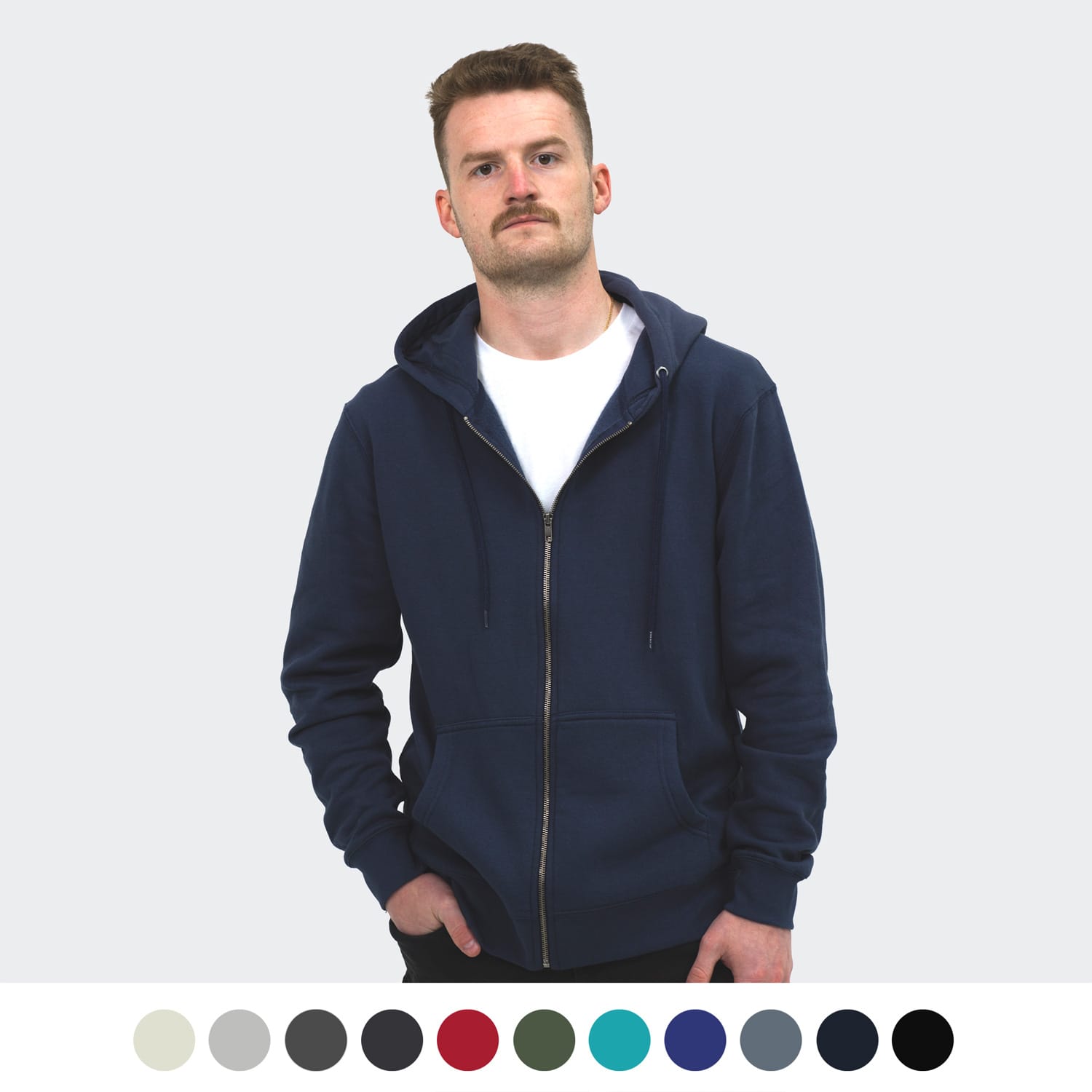 A unisex navy hoodie with a zipper and hood, displayed by a model against a neutral background. TRENDSWEAR Jasper Unisex Hoodie - Image 1