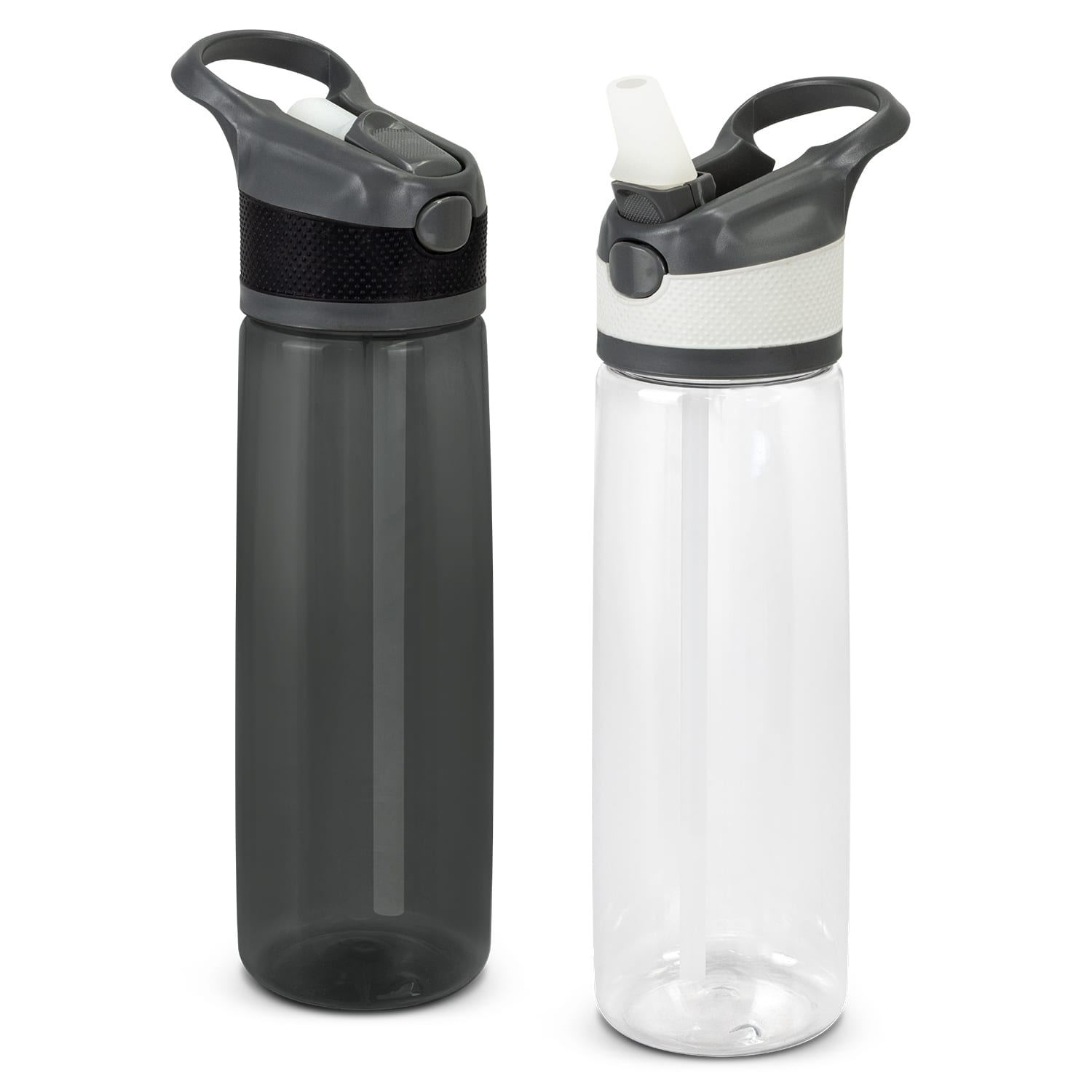 A drink bottle in two variations: one grey with a textured grip and one clear with a white band. Both feature a logo. Rover Bottle - Image 1