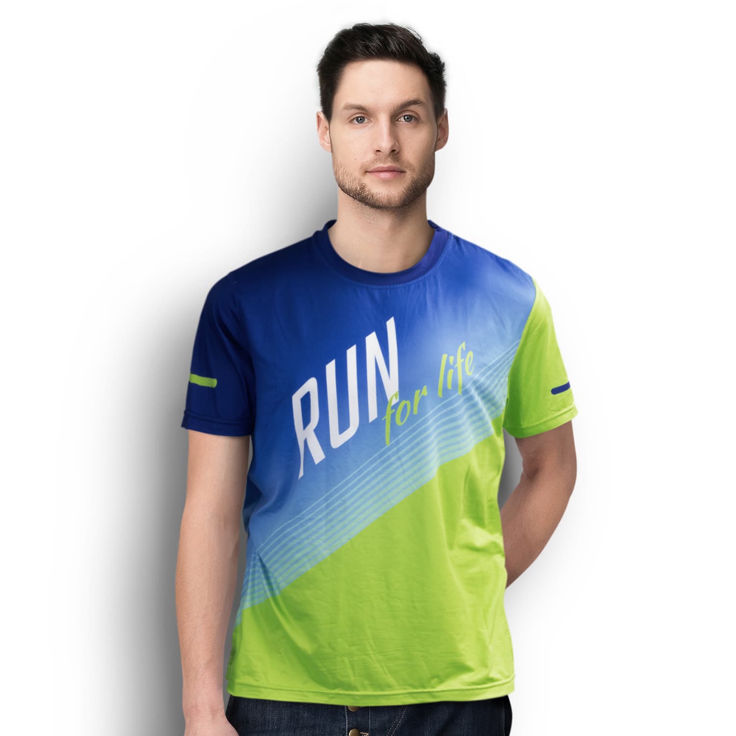 A men's sports t-shirt featuring a blue and green gradient design with a logo on the front. Custom Mens Sports T-Shirt - Image 1