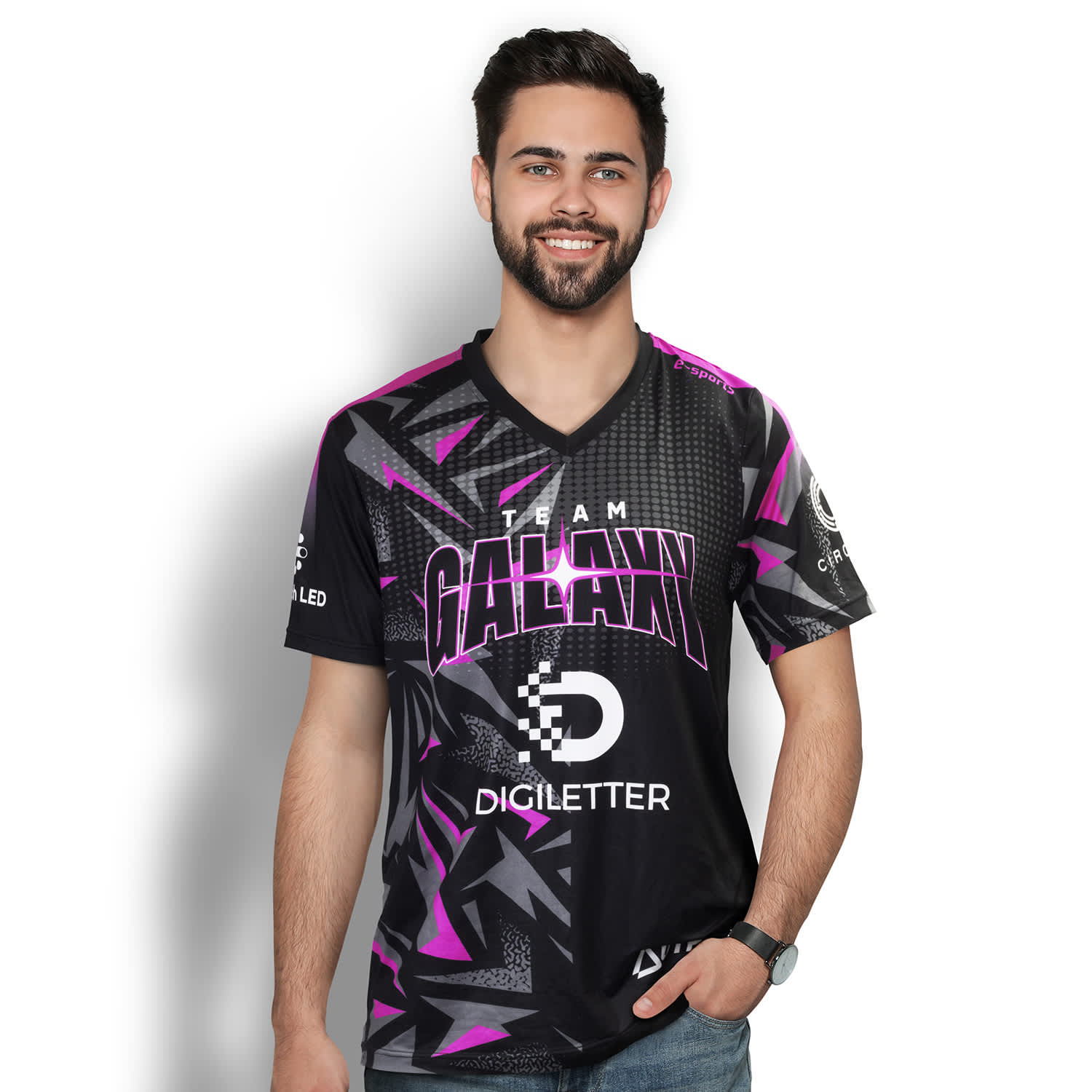 A men's V-neck T-shirt in black with pink and grey graphic designs, featuring a logo. Custom Mens Sports V-Neck T- Shirt - Image 1