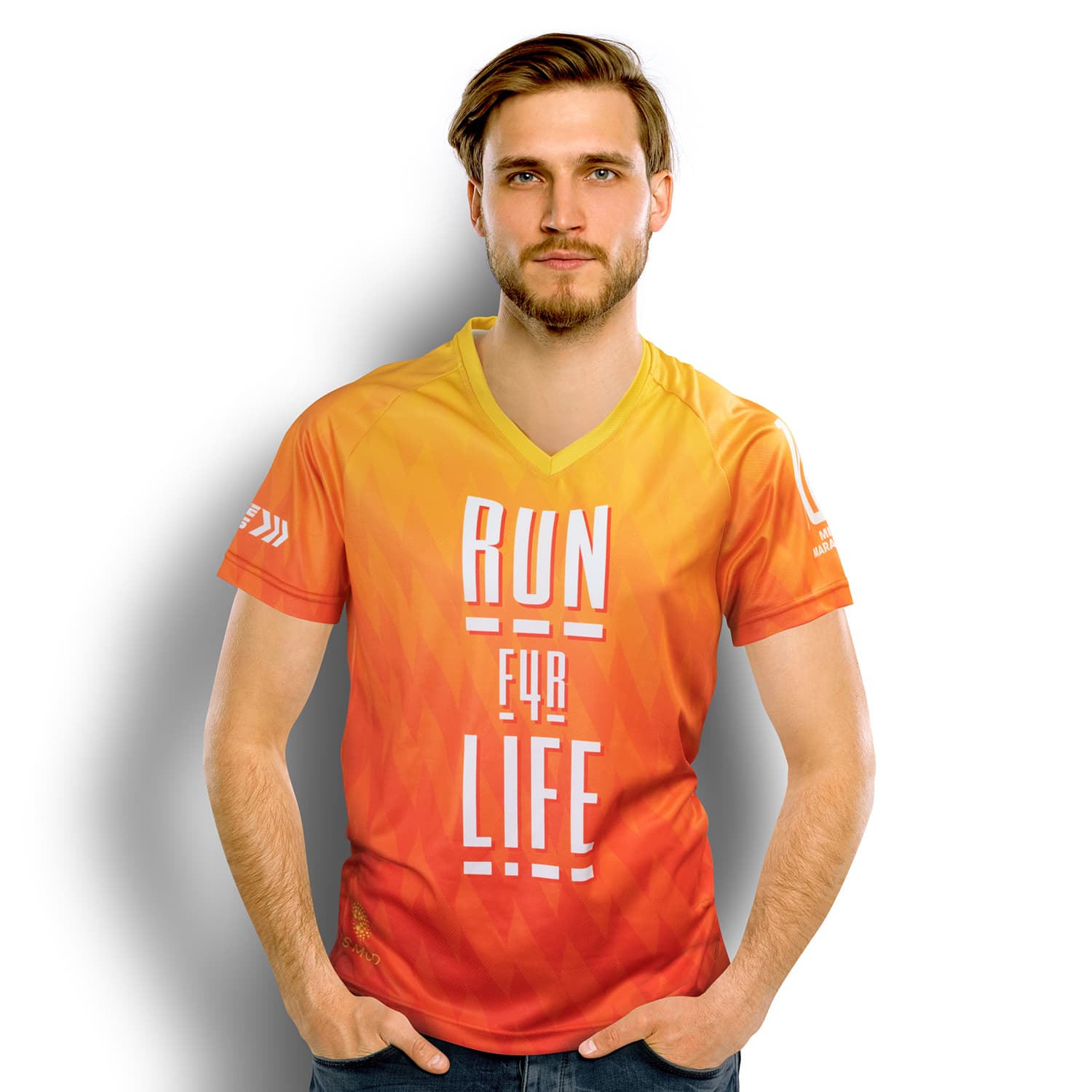 A vibrant orange and yellow men's performance V-neck T-shirt featuring a logo. Custom Mens Performance V-Neck T-Shirt - Image 1