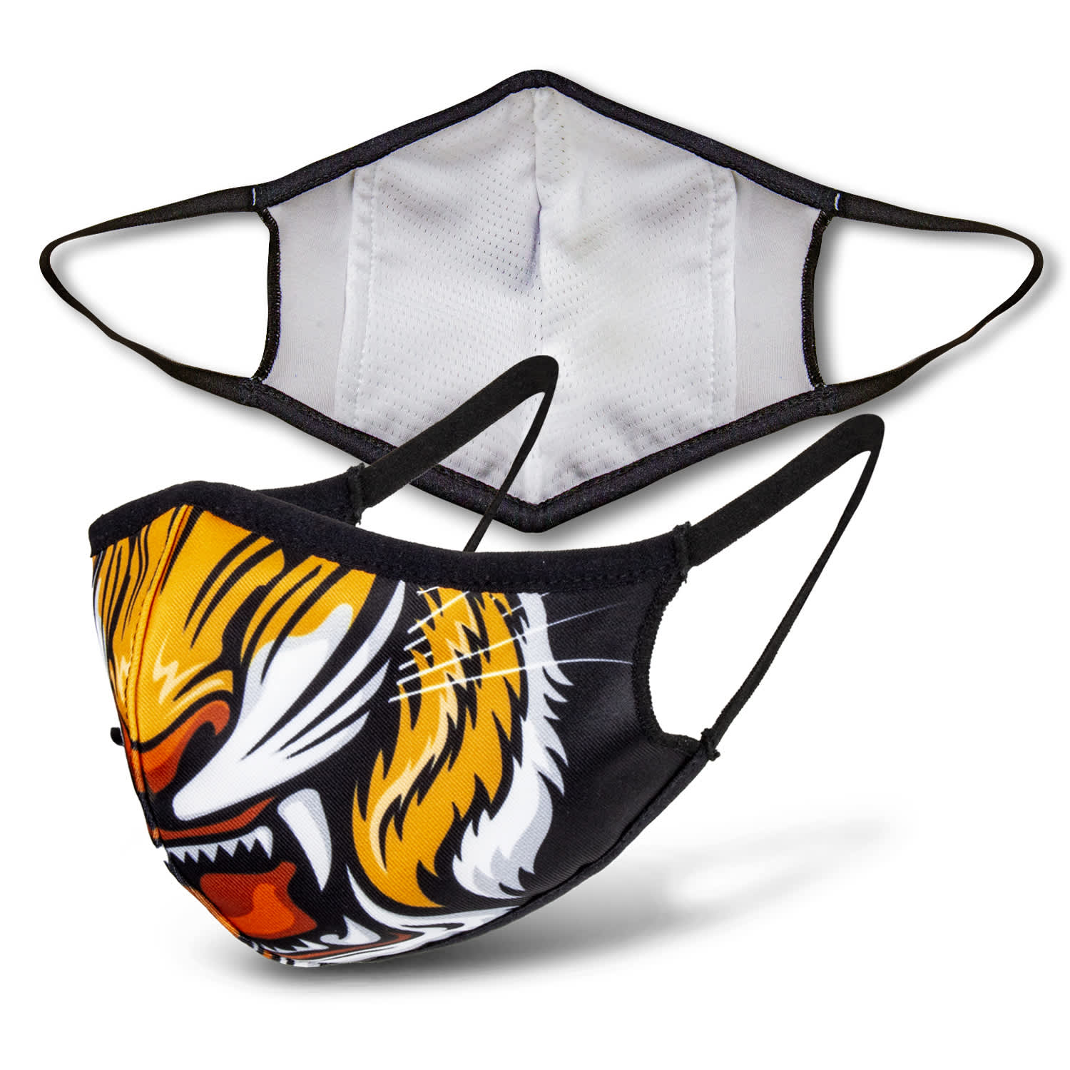 A custom face mask featuring a vibrant tiger design, with black straps and a white interior. Custom Face Mask - Image 1