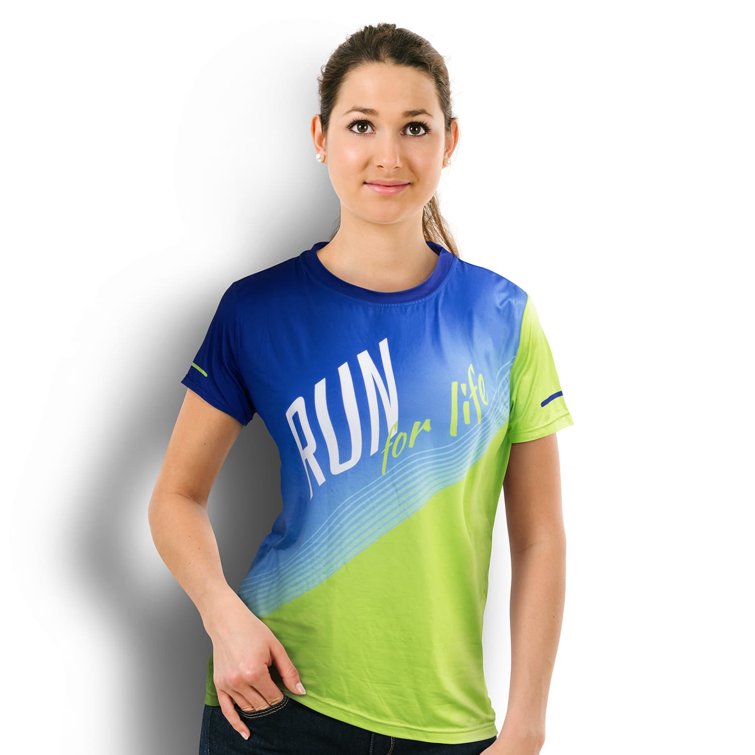 A vibrant blue and green women's sports t-shirt featuring a logo and graphic design. Custom Womens Sports T-Shirt - Image 1
