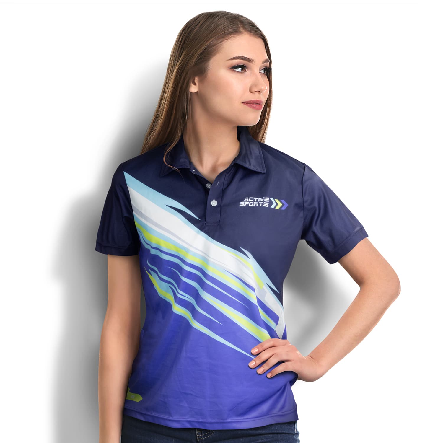 A women's sports polo in navy blue with a dynamic multicoloured design and a logo on the chest. Custom Womens Sports Polo - Image 1