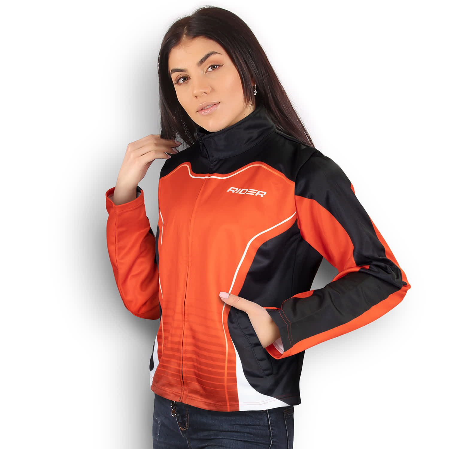 A women's sports jacket in orange and black, featuring a logo and a zip-up front. Custom Womens Sports Jacket - Image 1