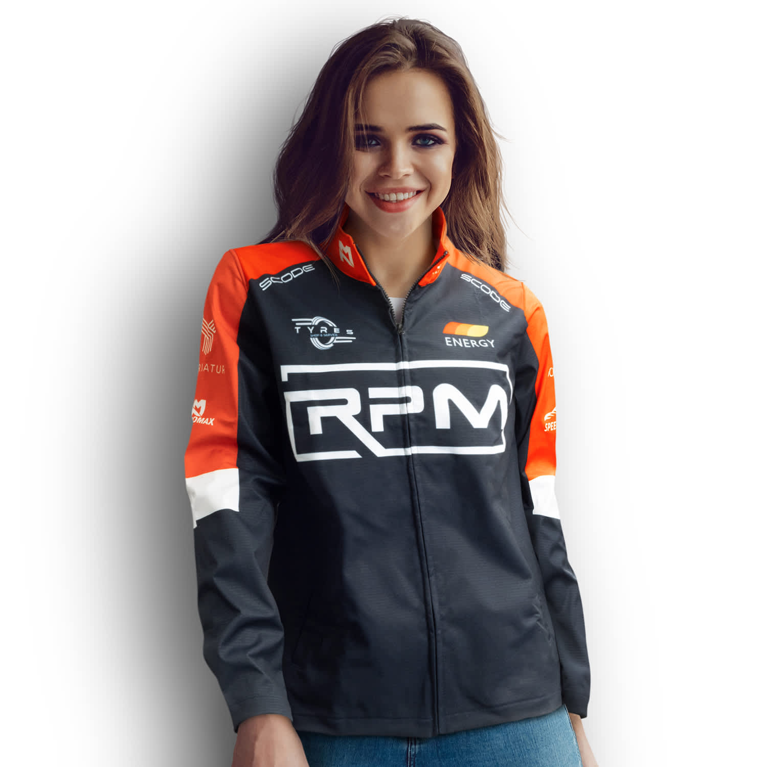 A softshell jacket in black with orange and white accents, featuring a logo on the chest and sleeves. Custom Womens Premium Softshell Jacket - Image 1