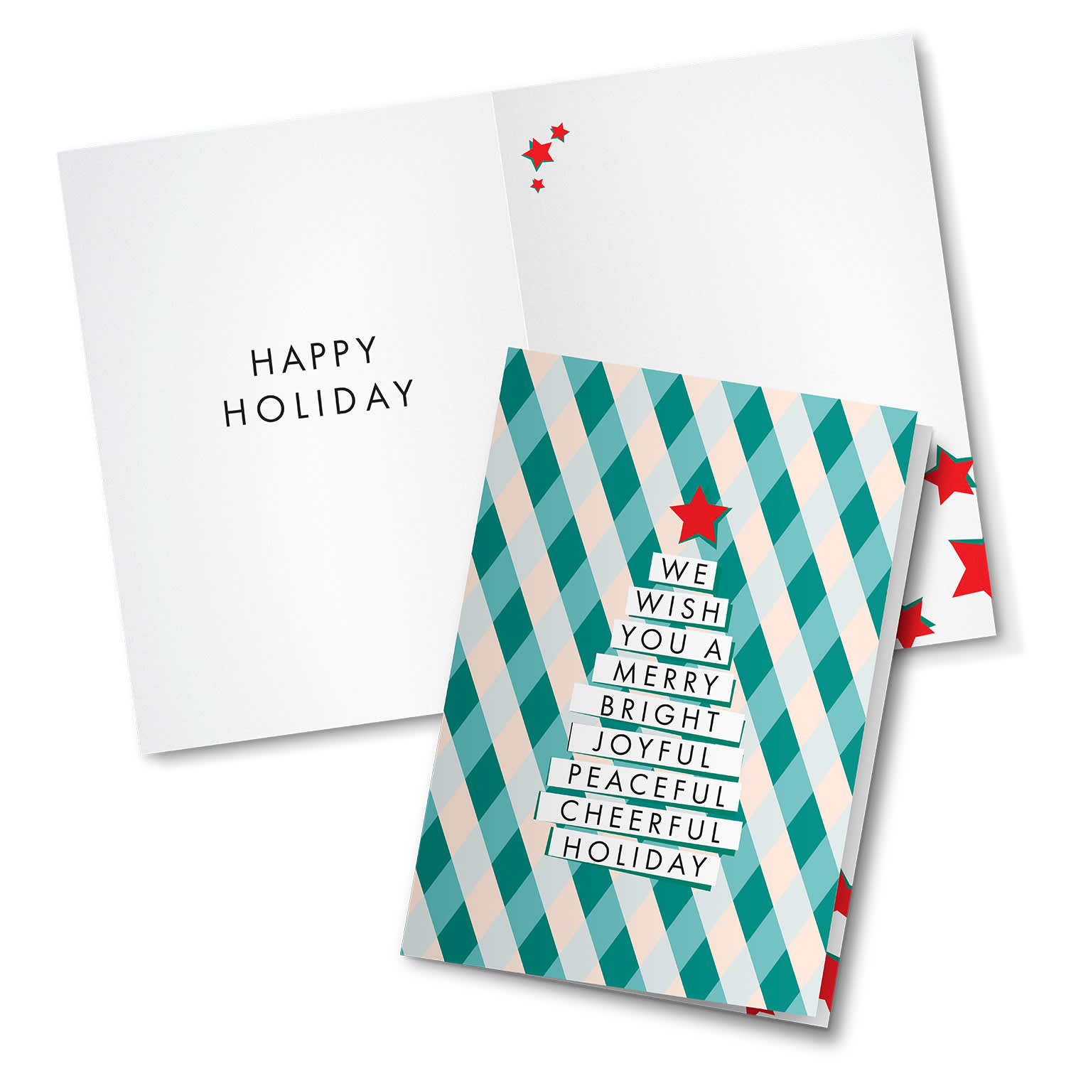 An A5 gift card with a geometric design featuring teal, white, and red, displaying a festive holiday message inside. Gift Card - A5 - Image 1