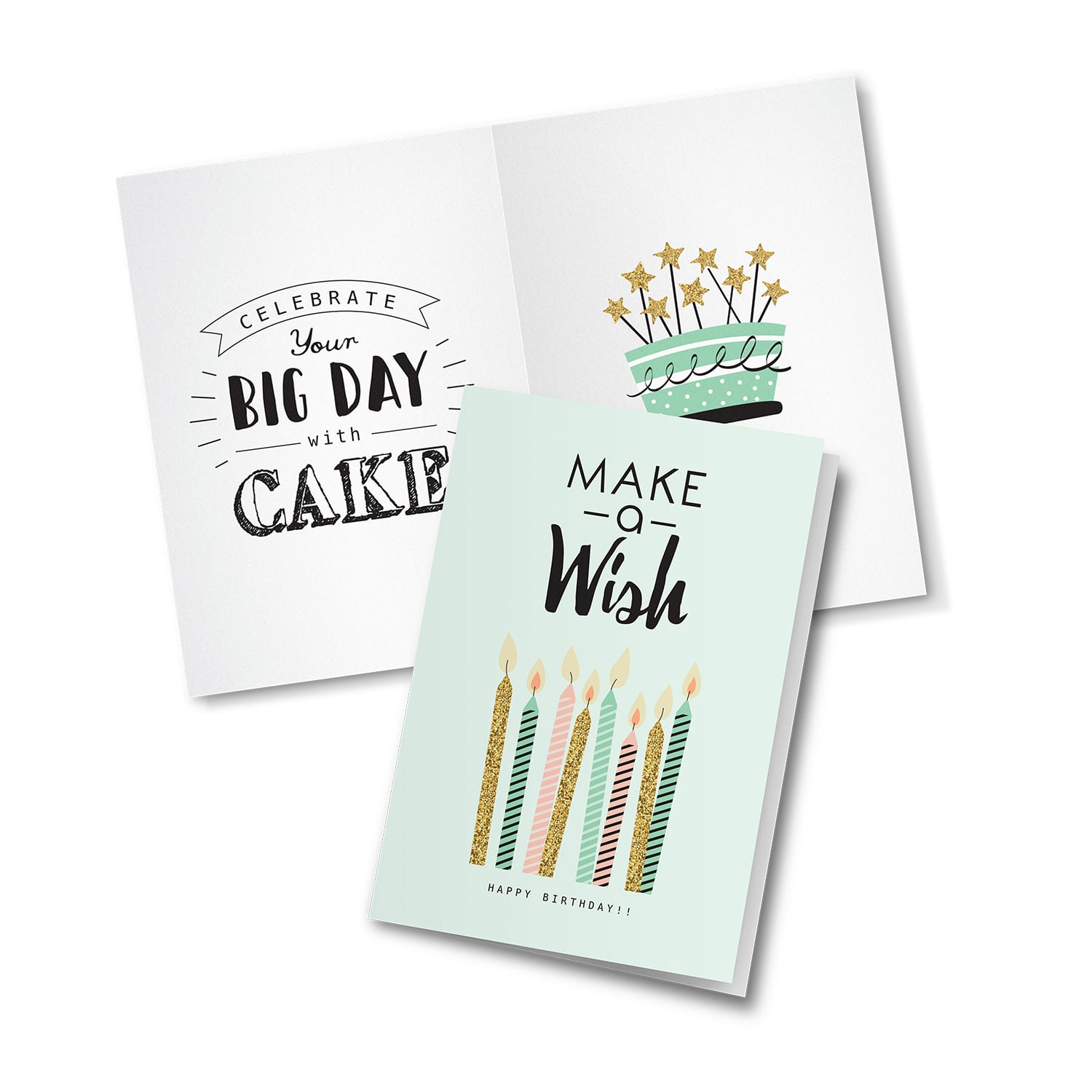 A decorative birthday card with a mint green front featuring candles and a cake illustration, opened to reveal celebratory text. Gift Card - A6 - Image 1