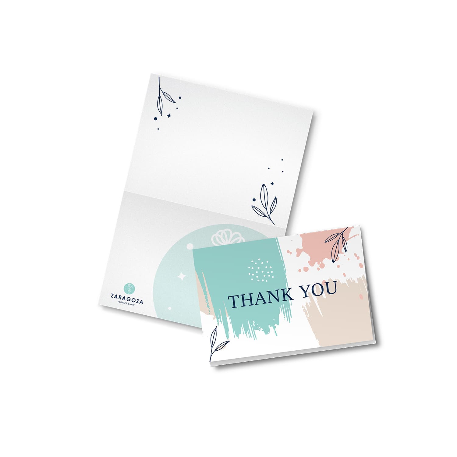 A thank you card with a pastel design, featuring leaves and abstract colour blocks. It comes with a matching envelope. Gift Card - A7 - Image 1