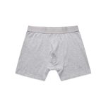A pair of grey trunks with a light grey waistband, featuring a simple design and no graphics.