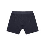 A pair of navy blue boxer shorts with an elastic waistband and a plain design.