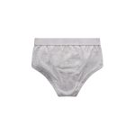 A pair of grey Y-Front briefs with a soft elastic waistband, featuring a logo on the waistband.