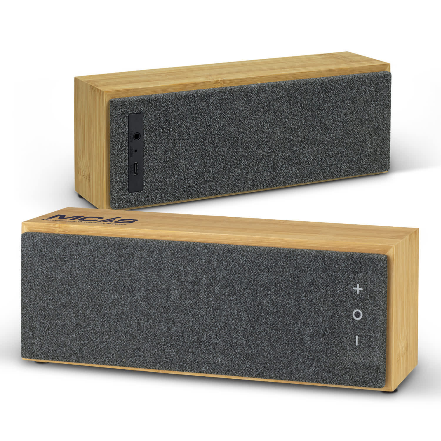 A bamboo Bluetooth speaker with a grey fabric front, featuring buttons and a branding logo on the side. Sublime 10W Bluetooth Speaker - Image 1