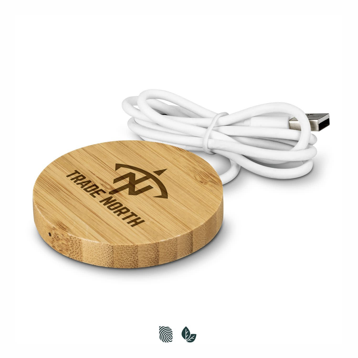 A circular bamboo wireless charger with a USB cable, featuring a logo engraved on the surface. Magnetic Wireless Fast Charger - Image 1