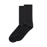 A pair of black business socks, featuring a plain design and a logo on the upper section.