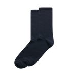 Two pairs of dark blue business socks are arranged together, featuring a simple design and a logo.