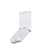 Two pairs of white business socks, featuring a smooth texture and mid-length design, with a logo on one pair.