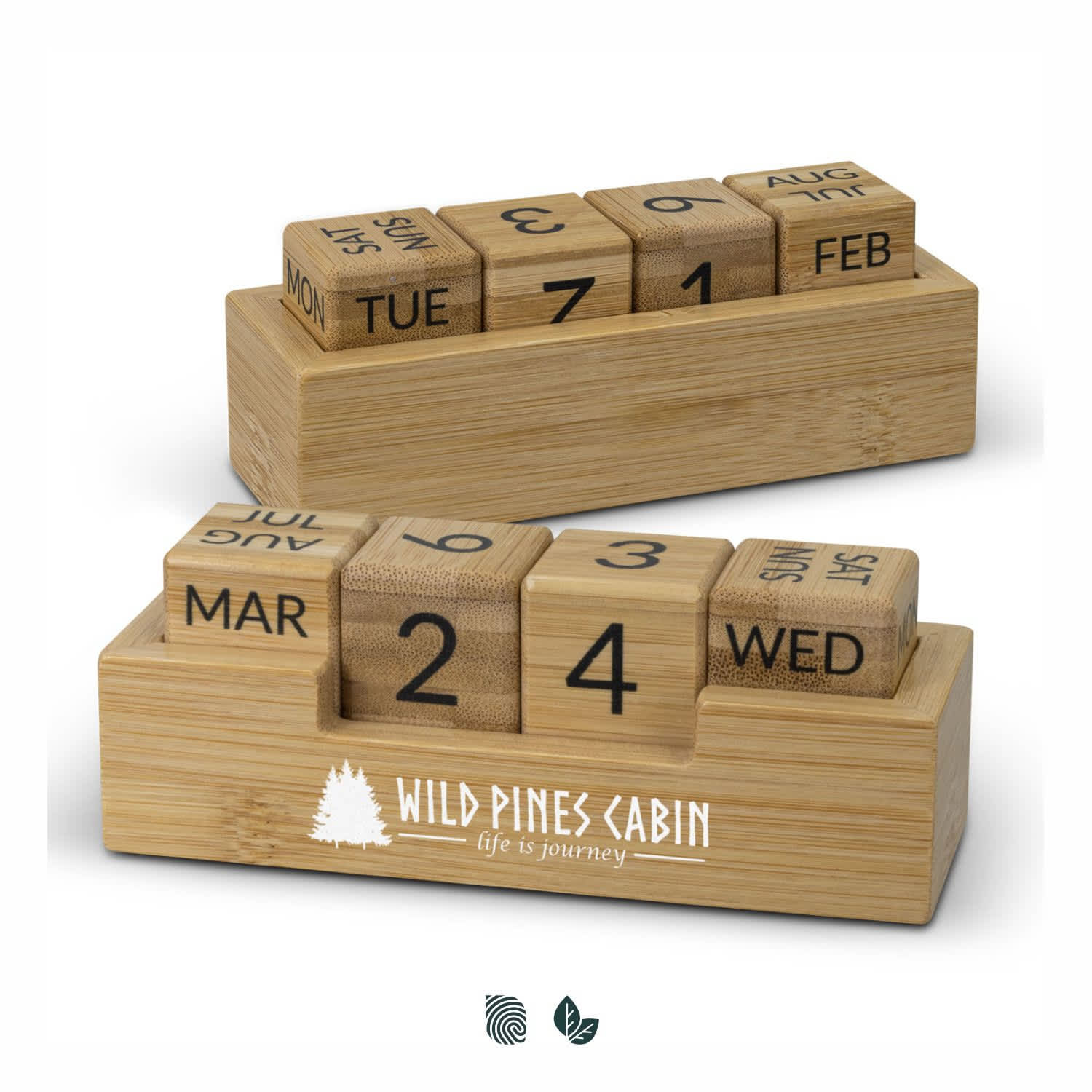 A bamboo desk calendar featuring engraved wooden blocks for days, months, and dates, with a white logo. Bamboo Calendar - Image 1