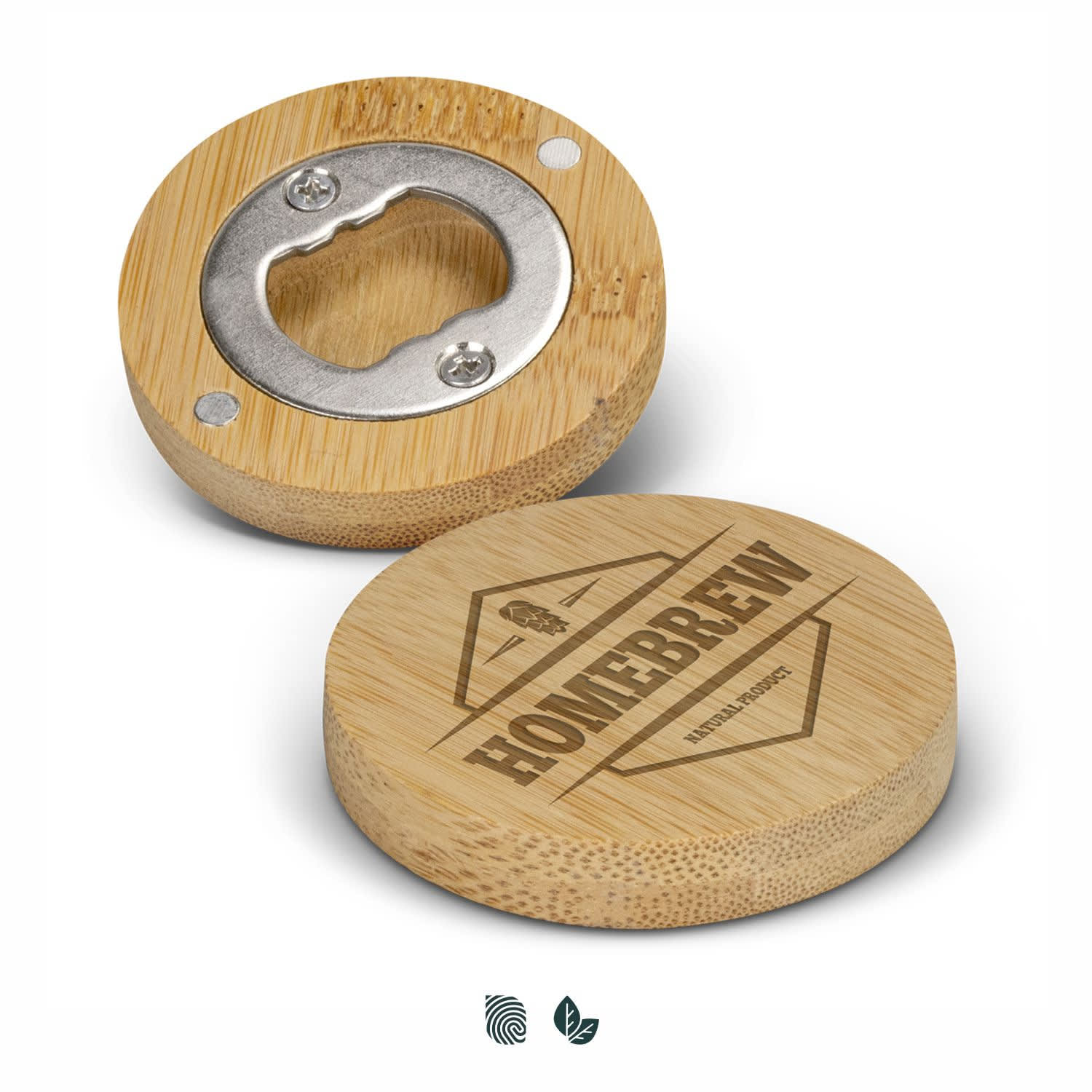 A drink bottle opener made of bamboo with a metal bottle opener and engraved design. It includes a logo. Bamboo Bottle Opener - Image 1