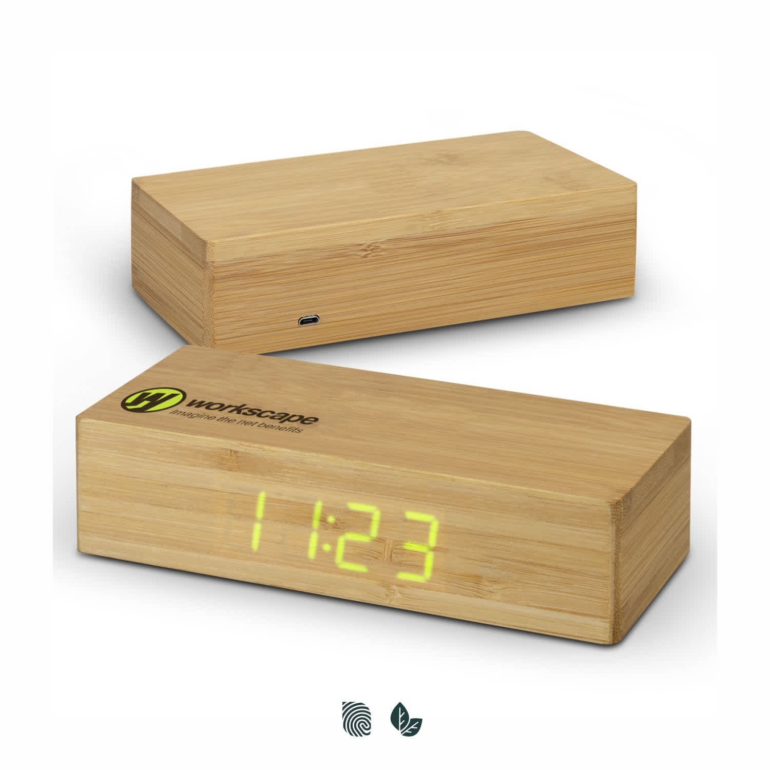 A bamboo wireless charging clock in a rectangular shape, featuring a digital display and a logo. Bamboo Wireless Charging Clock - Image 1