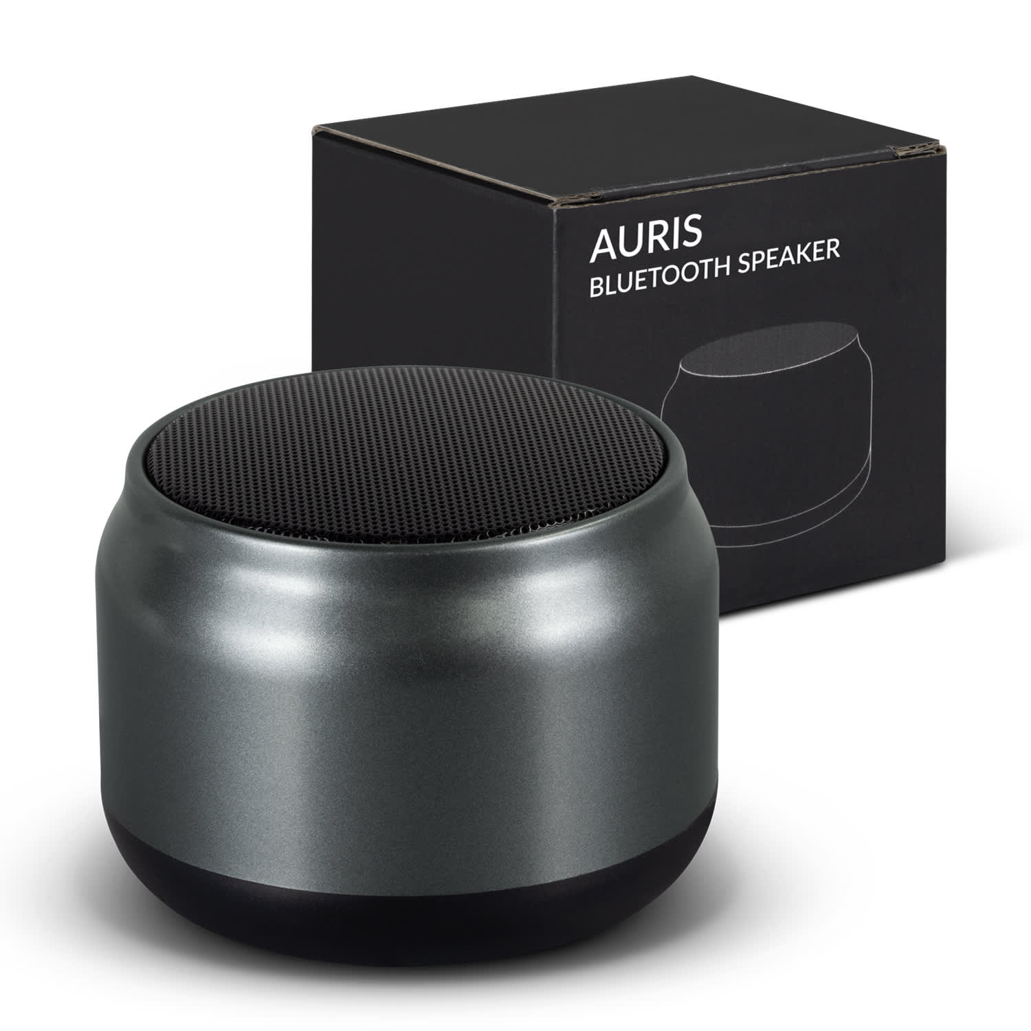 Auris Bluetooth speaker in sleek grey, with a rounded design, alongside its black packaging featuring branding. Auris Bluetooth Speaker - Image 1