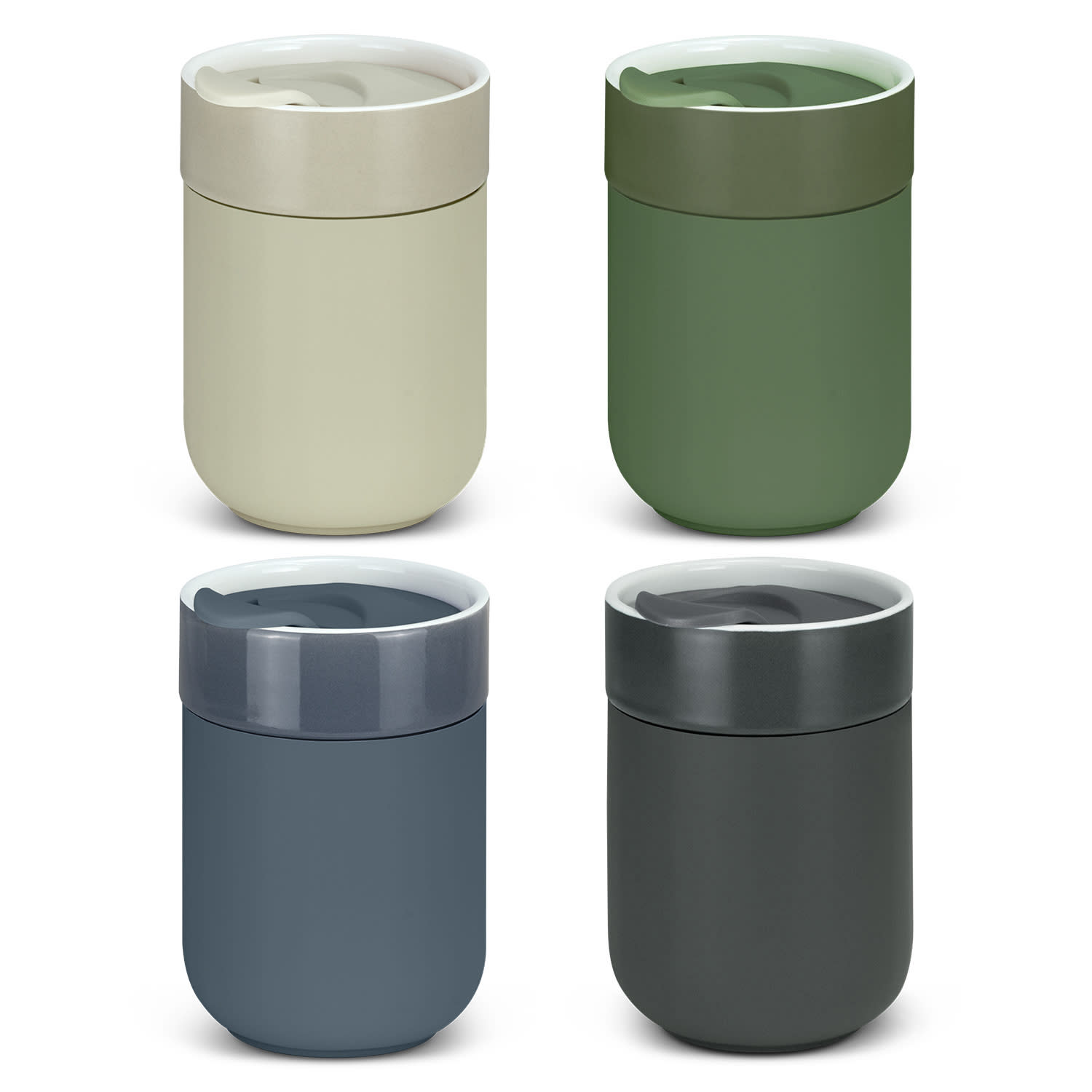A set of four ceramic coffee cups in light green, dark green, blue, and dark grey, each featuring a lid and a logo. Chalice Ceramic Coffee Cup - Image 1