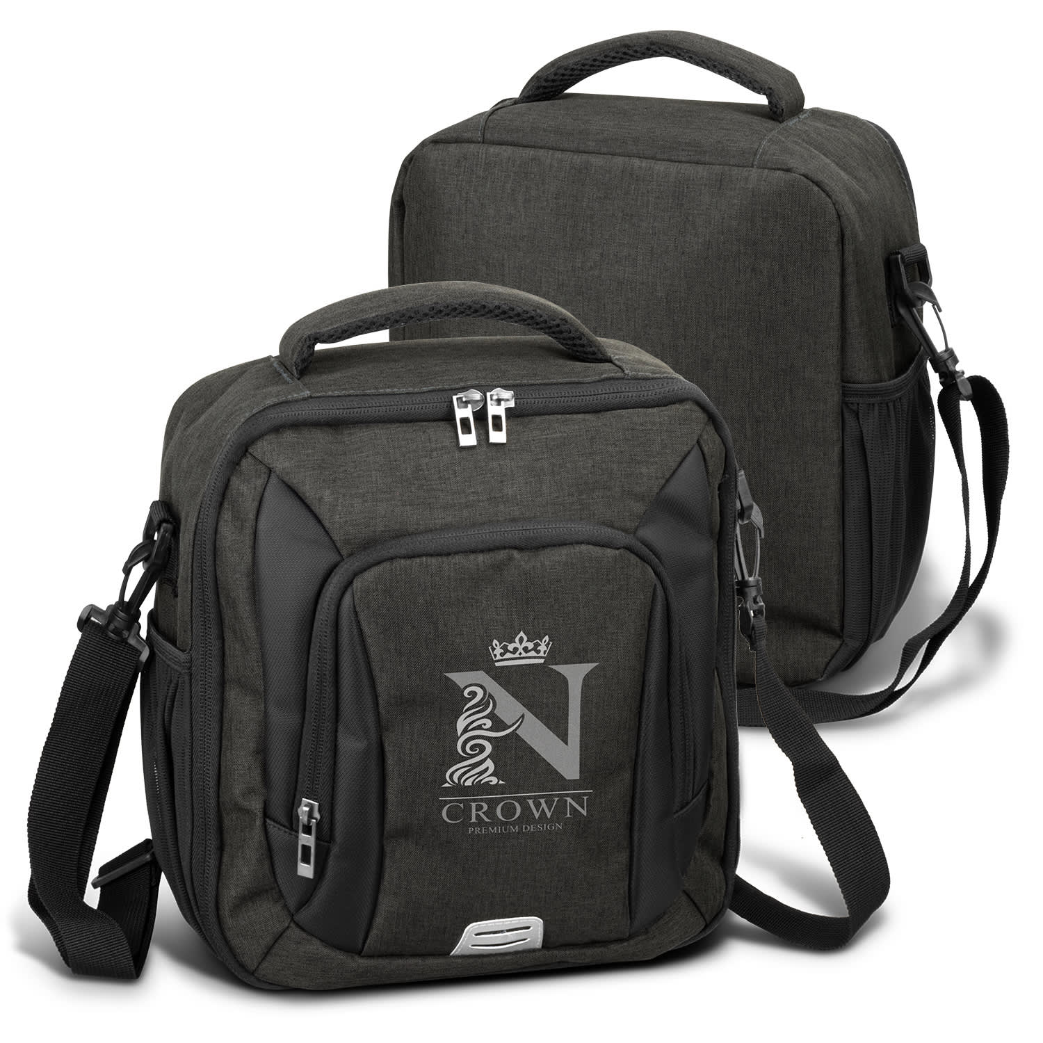 A dark green cooler bag with a logo, featuring two handles and an adjustable shoulder strap. Selwyn Cooler Bag - Image 1