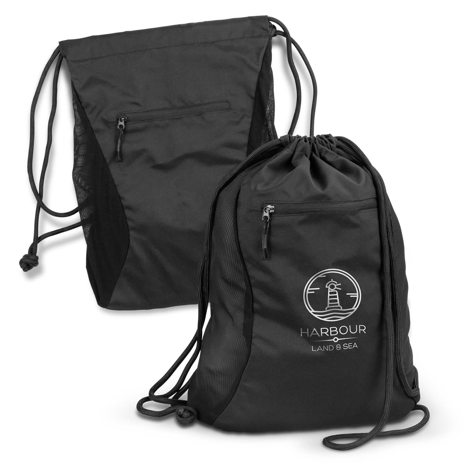 A black drawstring backpack featuring mesh sides and a front zippered pocket, with a logo on the front. Royale Drawstring Backpack - Image 1