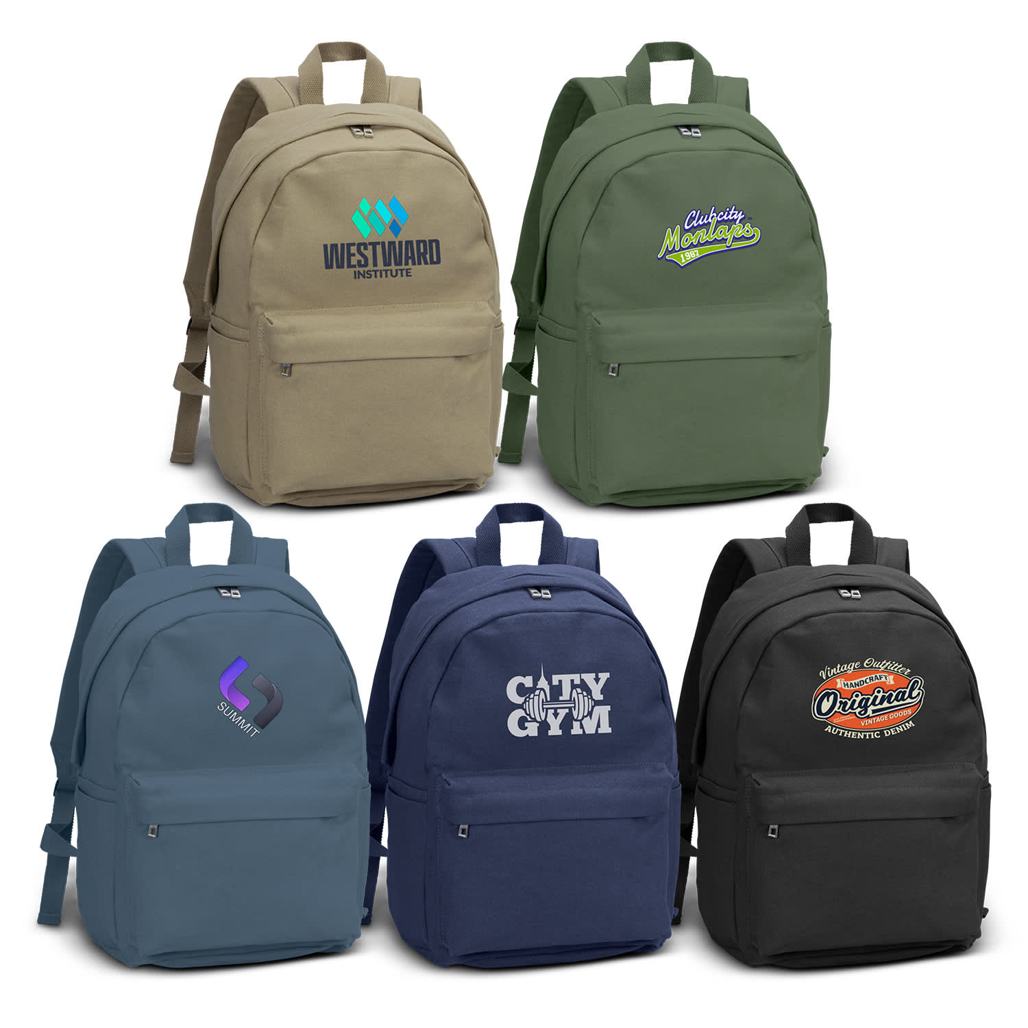 Five canvas backpacks in various colours: beige, green, teal, navy, and black. Each features a logo or branding. Canvas Backpack - Image 1