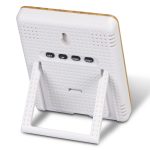 A bamboo and white weather station with buttons for setting and adjusting, featuring a foldable stand.