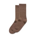 A pair of brown knit socks with ribbed design, featuring a soft texture and classic silhouette.