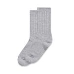 A pair of grey knit socks with ribbed detailing, displayed side by side.