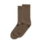 Two pairs of knitted socks in a rich brown colour with a ribbed design. The socks have a simple, classic style.