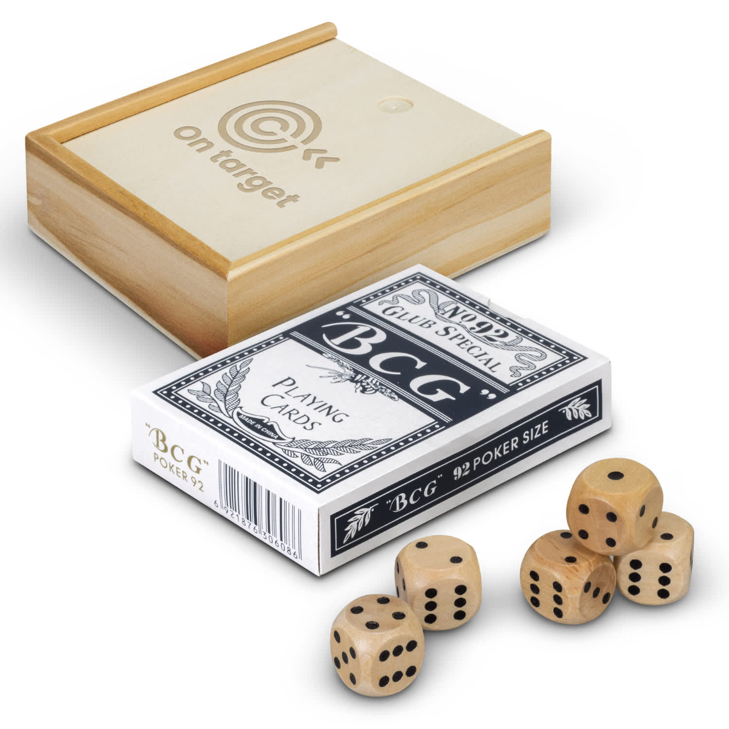 A wooden box containing a deck of playing cards and five wooden dice, featuring a light-coloured finish. Card Game Set - Image 1