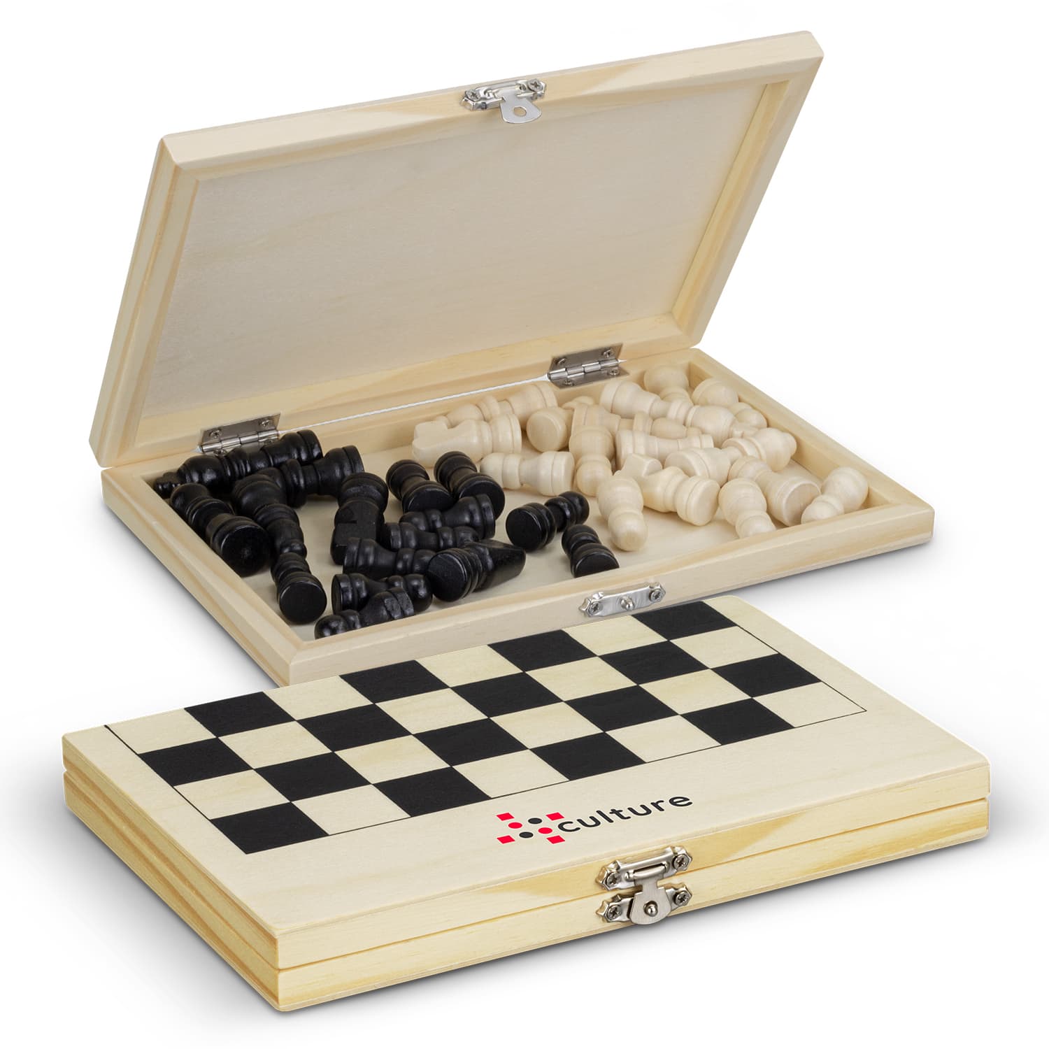 A travel chess set with a wooden box, featuring a black and white chessboard and black and cream chess pieces. Travel Chess Set - Image 1