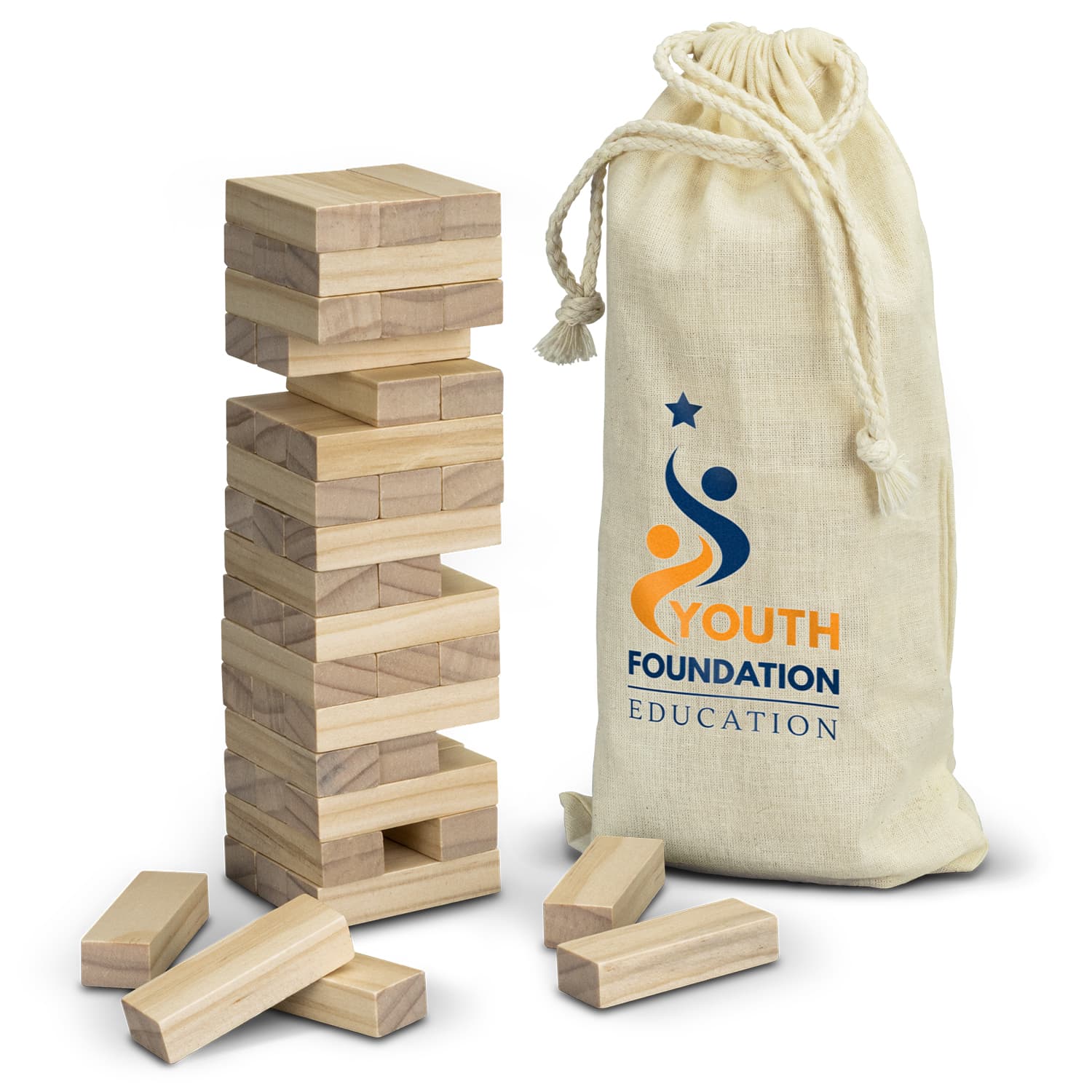 A wooden Mini Tumbling Tower game with stacked blocks and a storage bag featuring a logo. Mini Tumbling Tower - Image 1