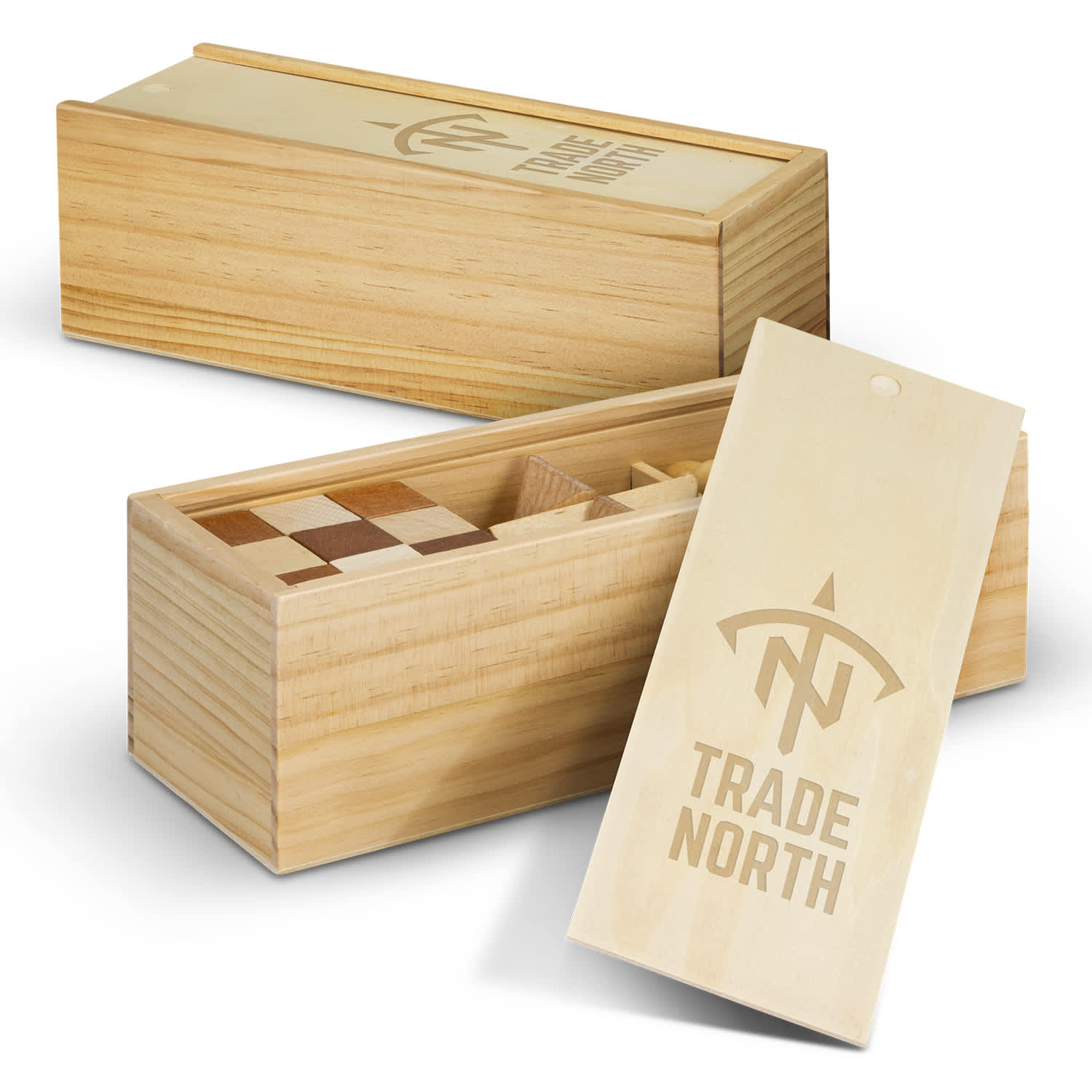 A wooden brain teaser set in a tan box, featuring various wooden puzzle pieces and a logo on the lid. Wooden Brain Teaser Set - Image 1