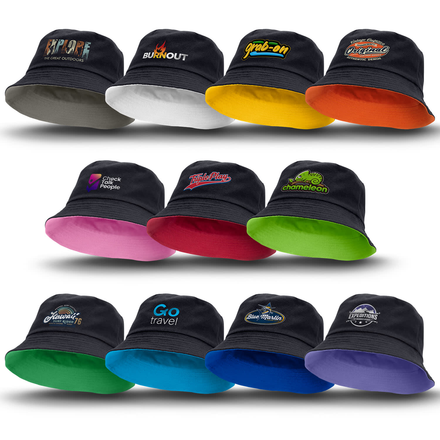 A collection of reversible bucket hats in various colours including black, grey, pink, green, and orange, each with a logo. Reversible Bucket Hat - Image 1