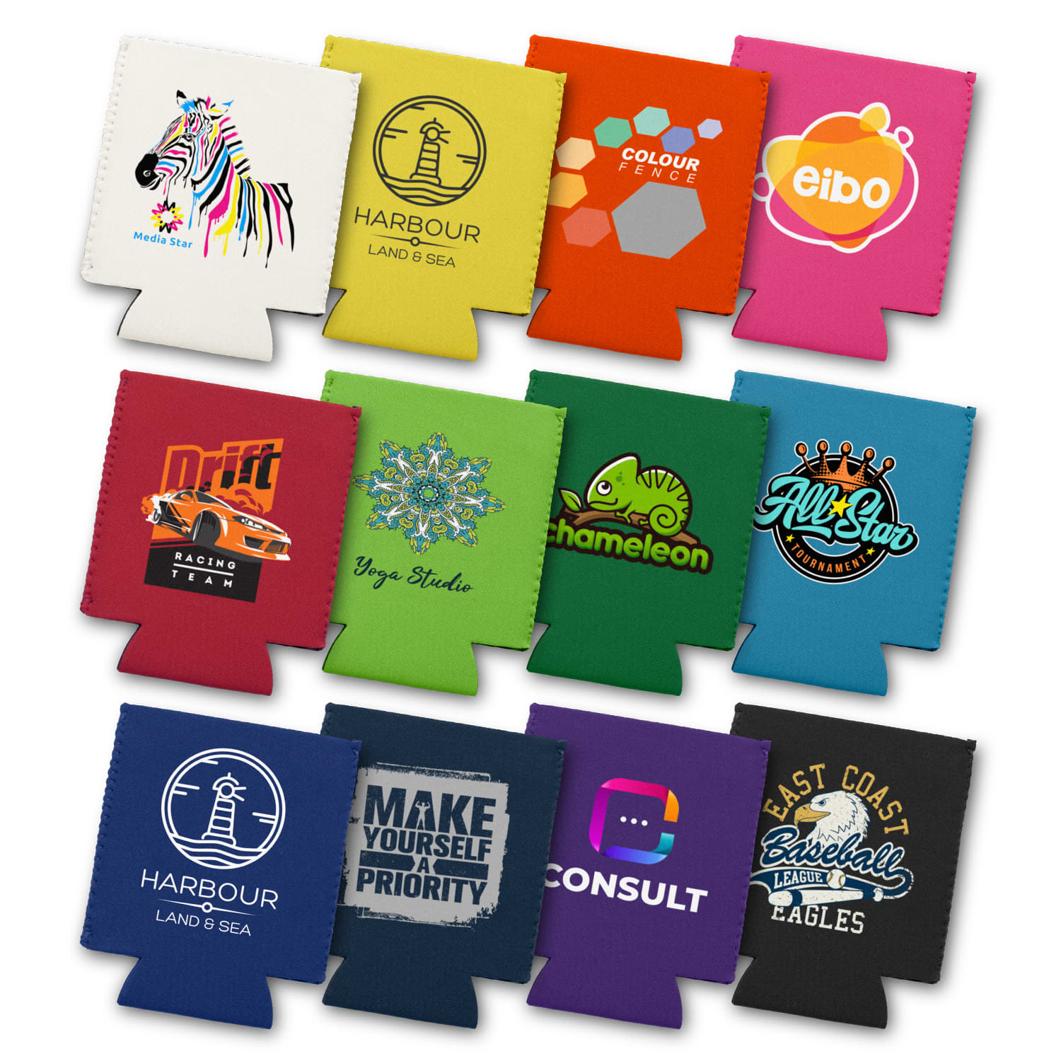 A collection of colourful stubby coolers featuring various logos and designs in vibrant shades. Bergen Stubby Cooler - Image 1