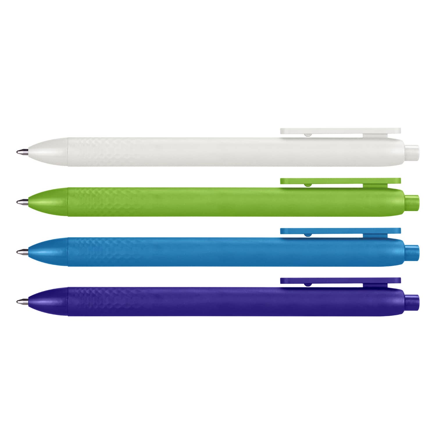 Four pens in white, green, blue, and purple, featuring a textured grip and a clip for easy attachment. PLA Pen - Image 1