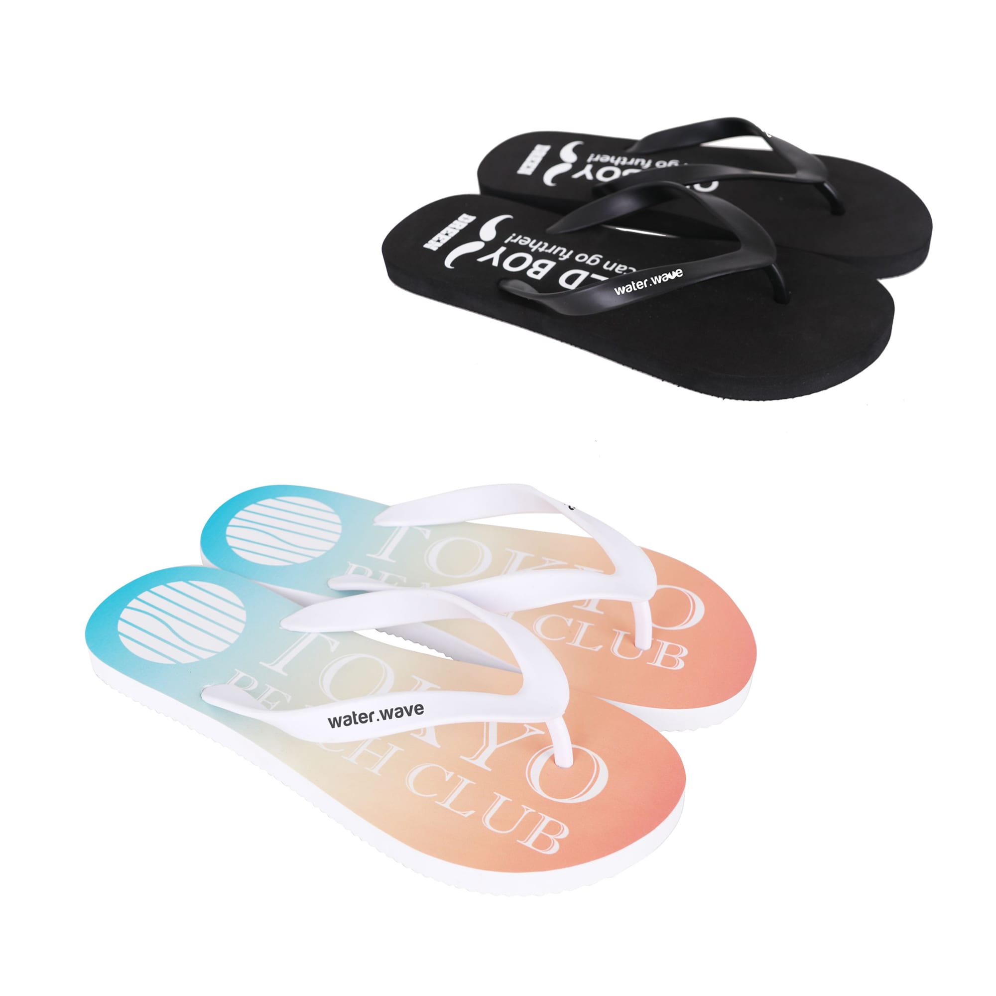 A pair of black thongs and a pair of multicoloured gradient thongs with white straps, each featuring a logo. EVA Classic Thongs - Image 1