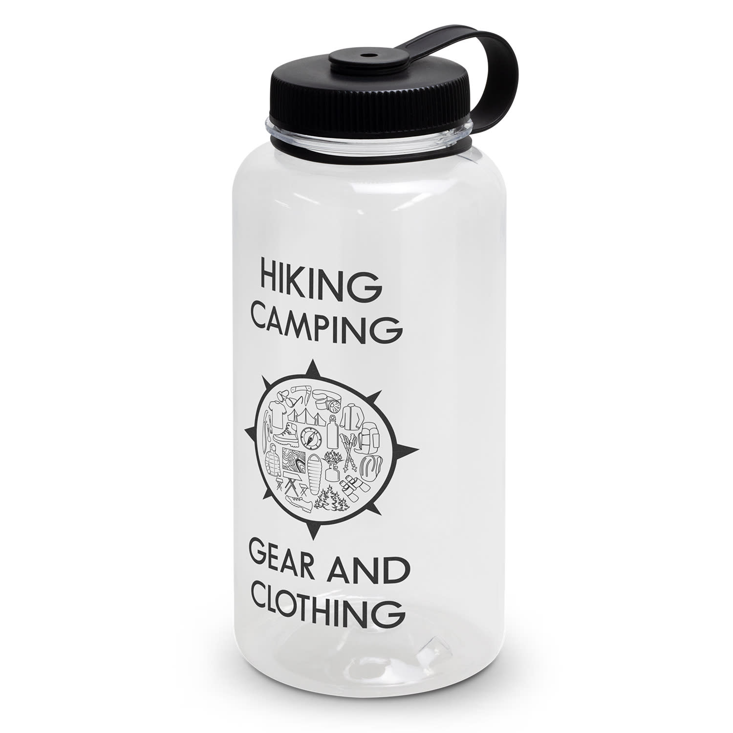 A drink bottle is clear with a black lid and a black handle, featuring a logo and outdoor-themed graphics. Mountaineer Bottle - Image 1