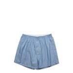 Light blue shorts with fine white stripes and an elastic waistband, featuring a small logo.