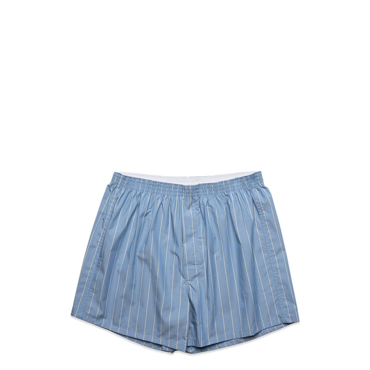 Light blue shorts with fine white stripes and an elastic waistband, featuring a small logo.
