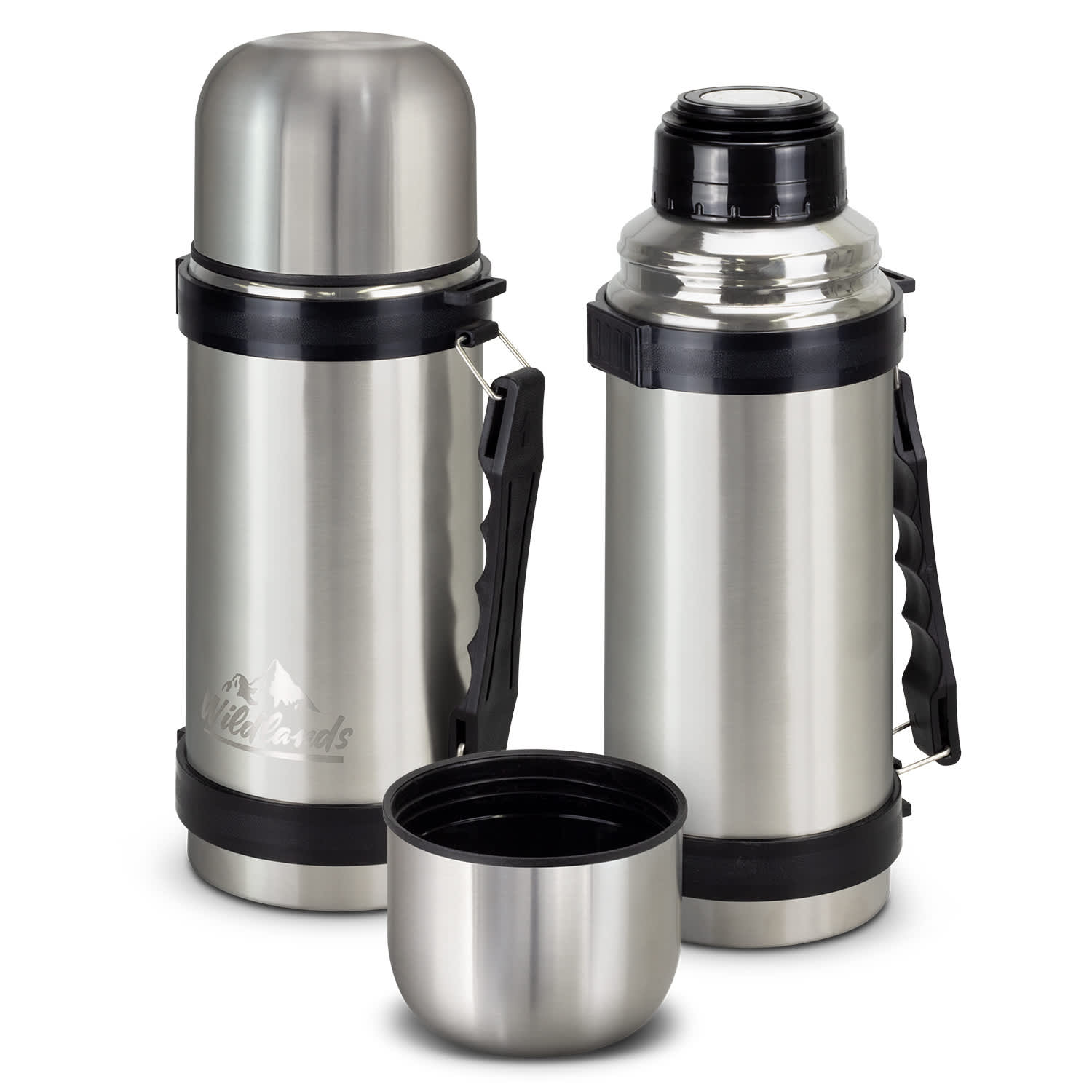 A drink bottle featuring a stainless steel finish, complete with a handle and a detachable cup. It has a logo branding. Mitre Vacuum Flask - Image 1