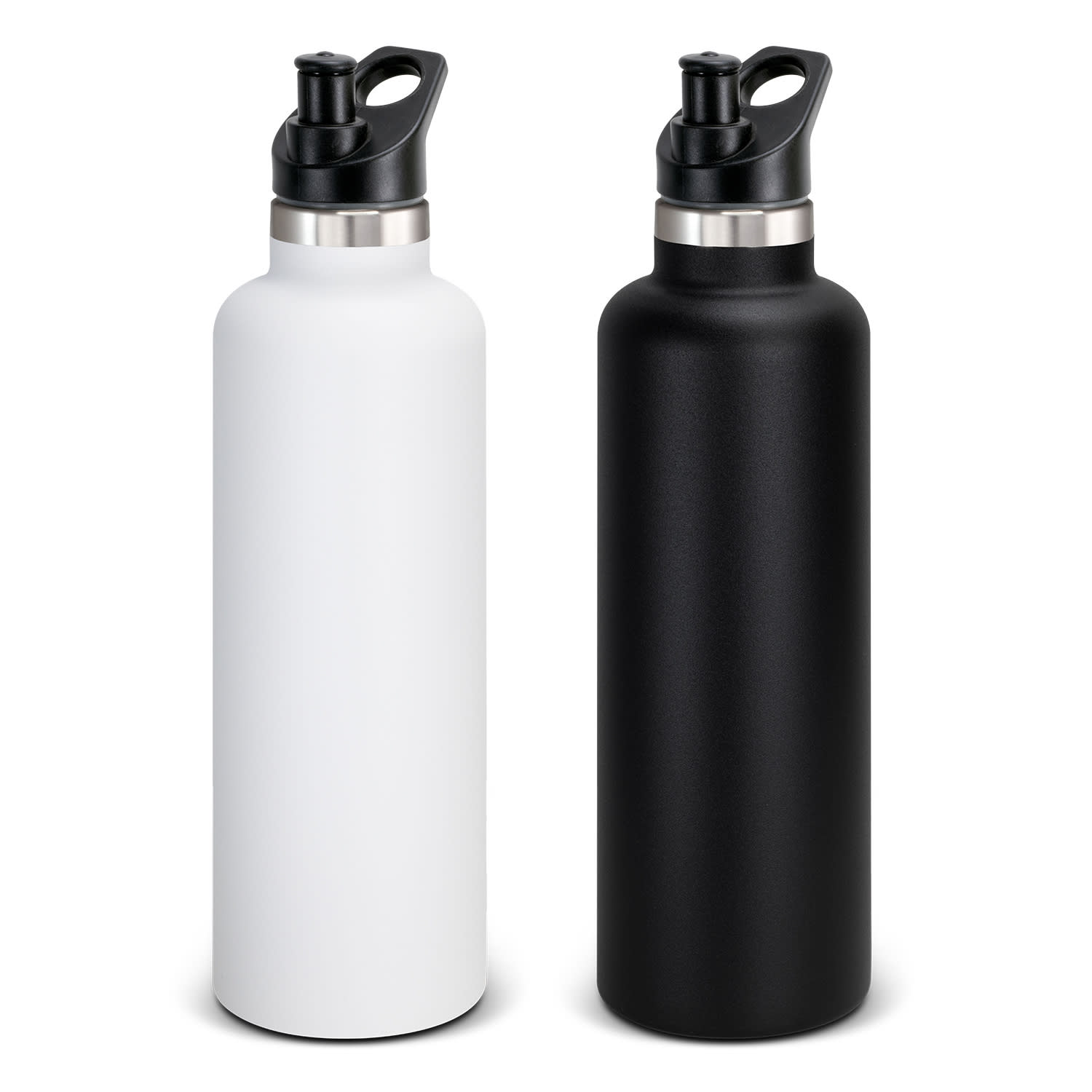 A drink bottle in matte black and white, featuring a cap with a spout and a stainless steel accent. Nomad Vacuum Bottle - 1L - Image 1
