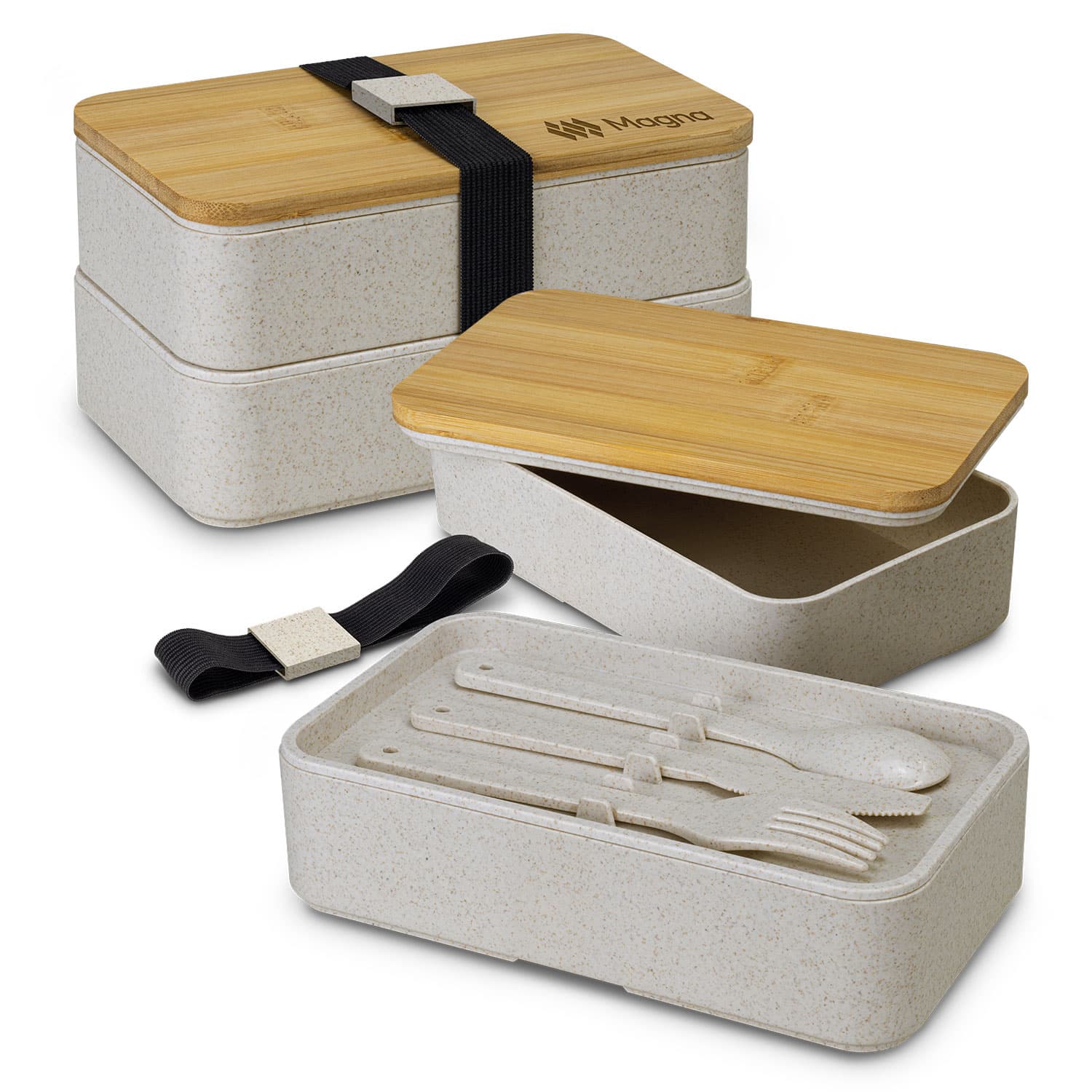 A stackable lunch box in a light beige colour with bamboo lid, featuring cutlery and a strap for secure closure. Stackable Lunch Box - Image 1