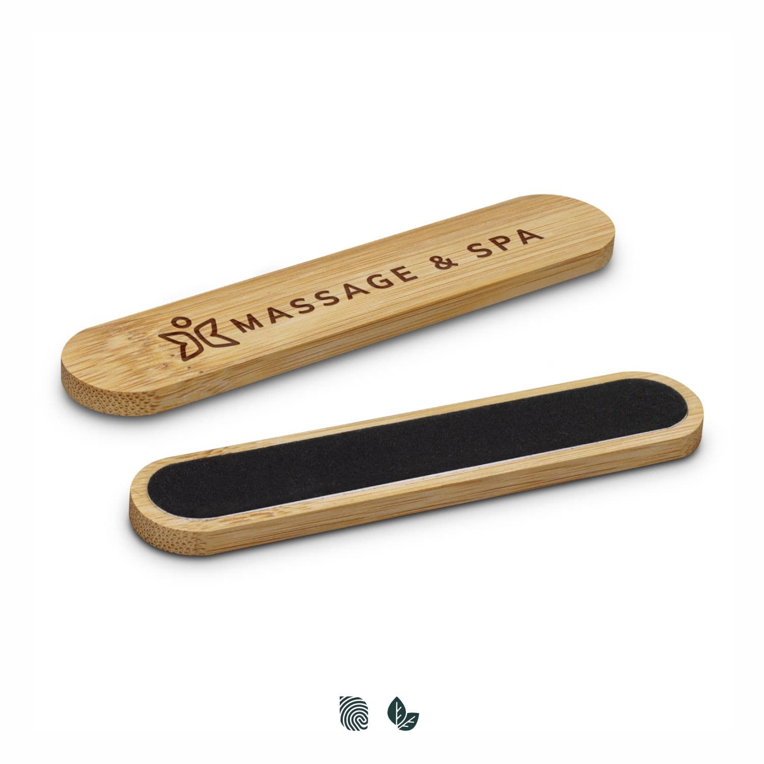 A bamboo nail file with a black filing surface and an engraved logo, featuring a smooth, natural finish. Bamboo Nail File - Image 1