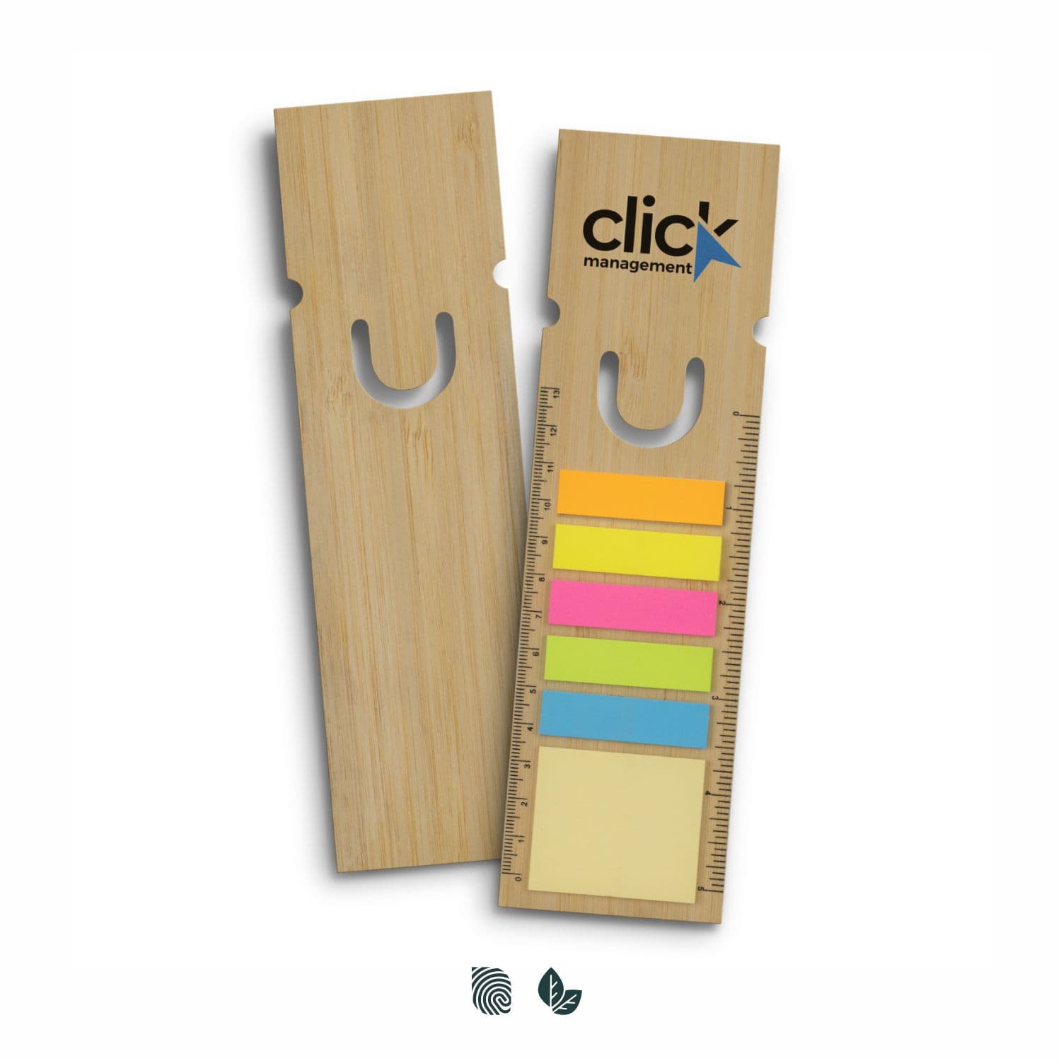 A bamboo ruler bookmark featuring coloured sticky notes and a branding logo, in a natural wood finish. Bamboo Ruler Bookmark - Square - Image 1