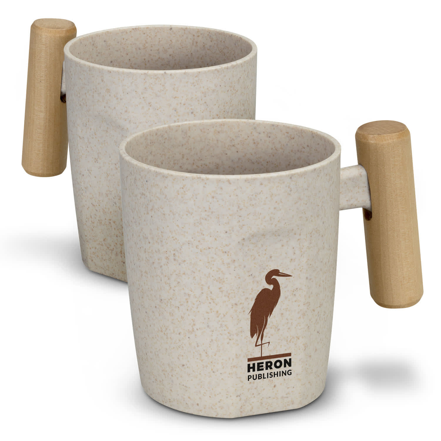 A beige coffee mug with a wooden handle and a logo on the front, featuring a speckled finish. Duran Coffee Cup - Image 1